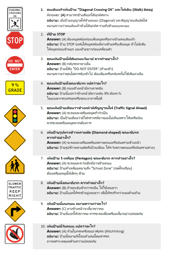 DMV Practice Test in Thai California 2025 Answer Keys (Road Signs)